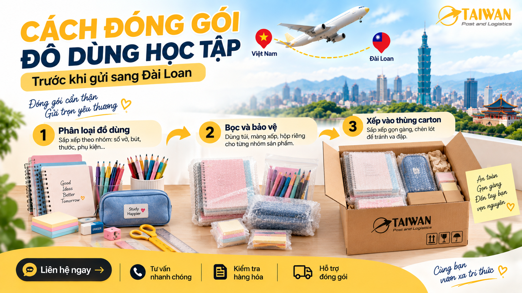Gửi đồ dùng học tập sang Đài Loan: Cách khai và đóng gói