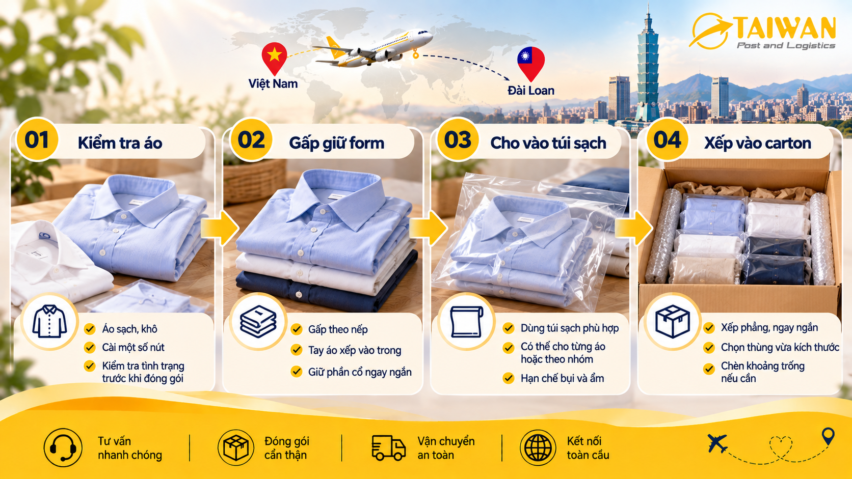 Gửi áo sơ mi sang Đài Loan: Nên gấp hay cuộn khi đóng kiện?