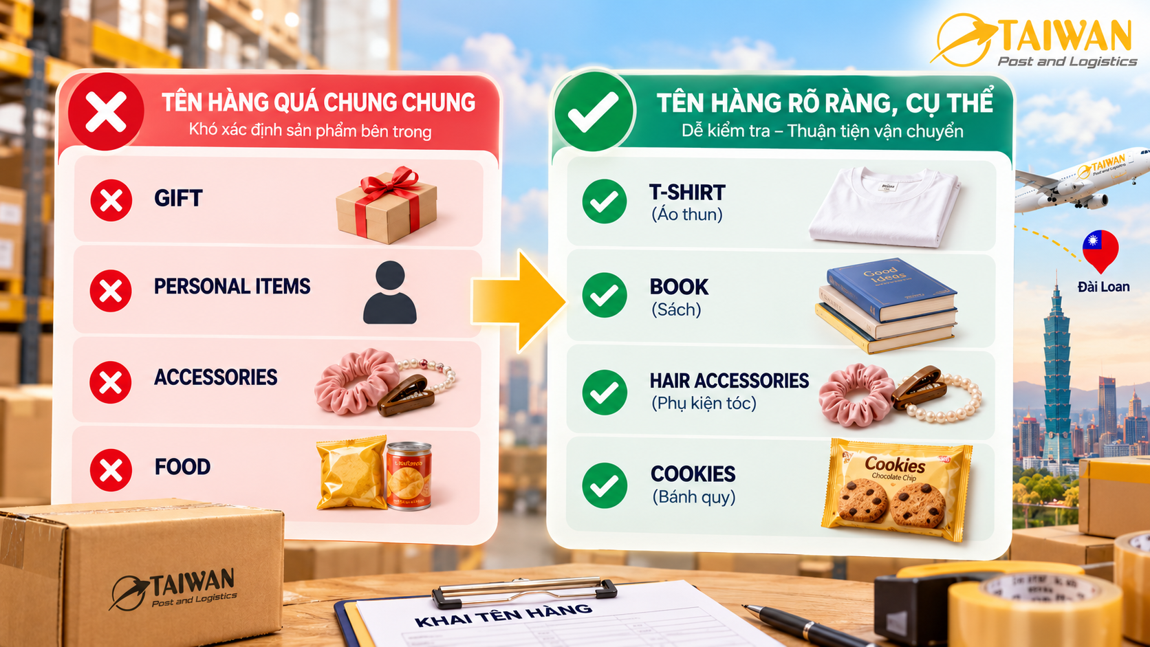 Tên hàng gửi sang Đài Loan nên khai thế nào cho rõ ràng? Tên hàng gửi sang Đài Loan nên khai thế nào cho rõ ràng?