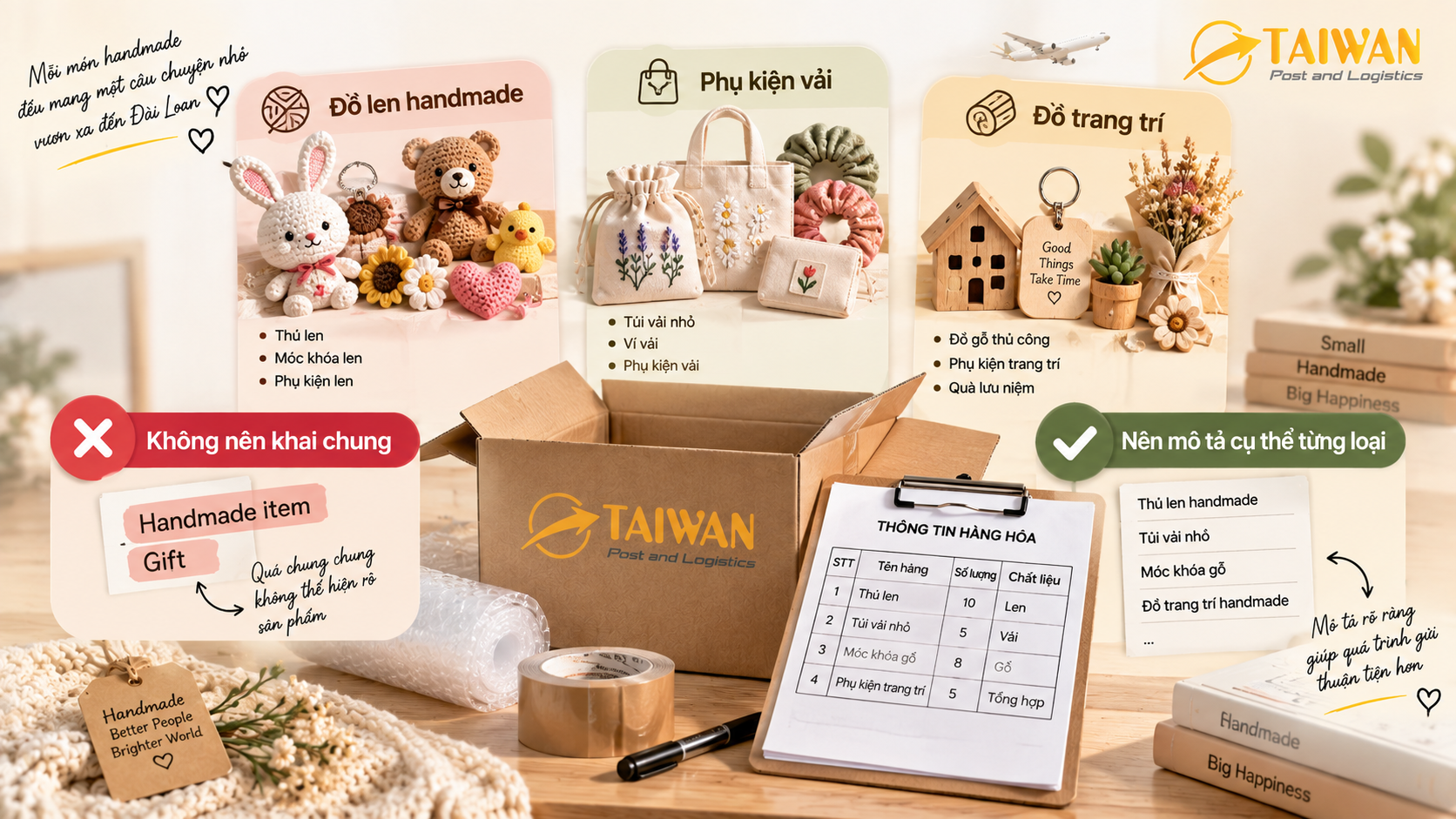 Gửi đồ handmade sang Đài Loan: Khai và đóng gói thế nào? Gửi đồ handmade sang Đài Loan: Khai và đóng gói thế nào?