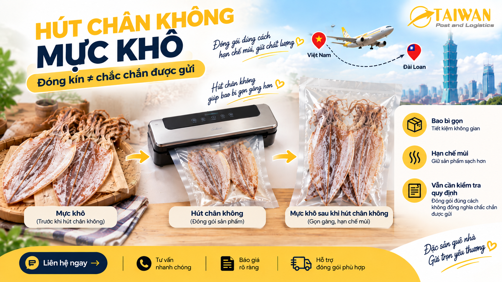 Gửi mực khô sang Đài Loan: Cần đóng gói và khai báo thế nào? Gửi mực khô sang Đài Loan: Cần đóng gói và khai báo thế nào?
