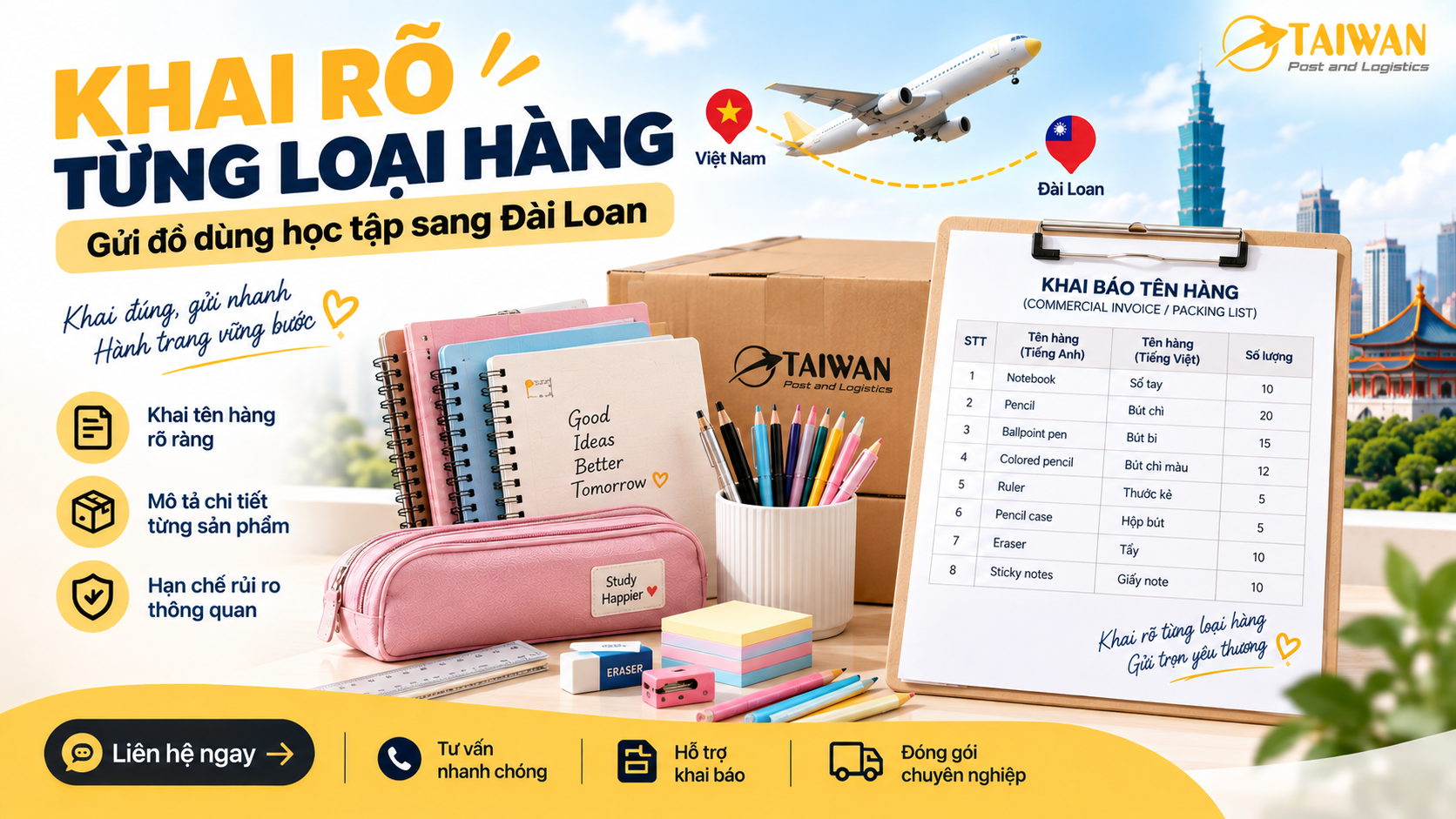 Gửi đồ dùng học tập sang Đài Loan: Cách khai và đóng gói