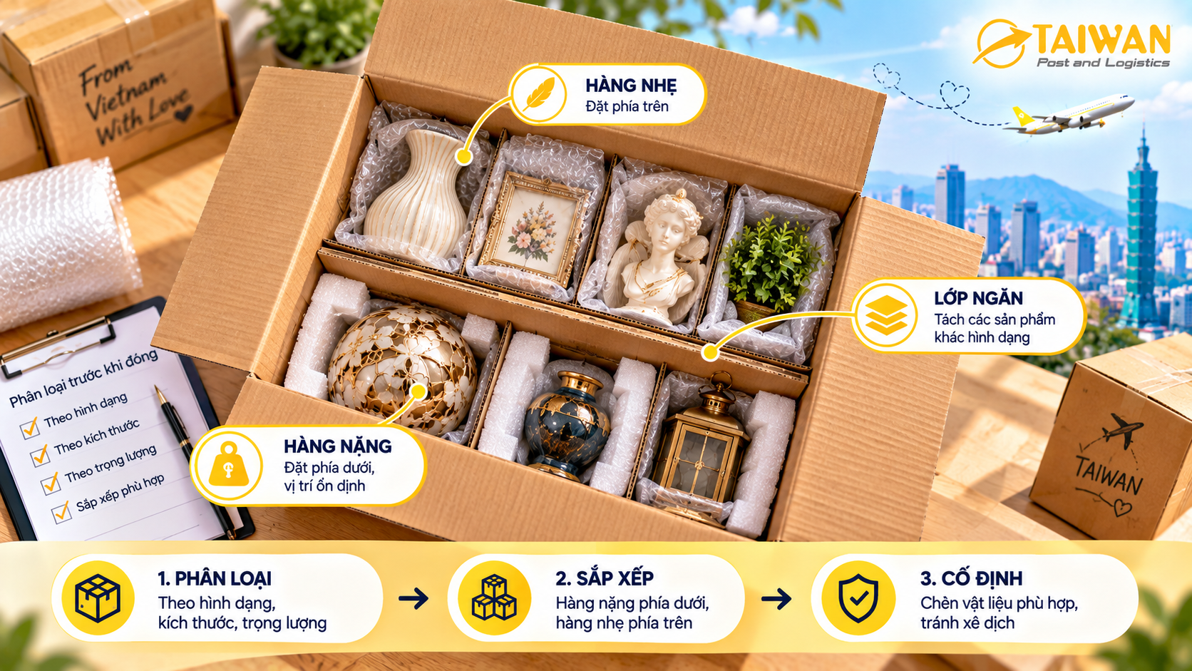 Gửi đồ trang trí sang Đài Loan: Đóng gói theo từng hình dạng Gửi đồ trang trí sang Đài Loan: Đóng gói theo từng hình dạng